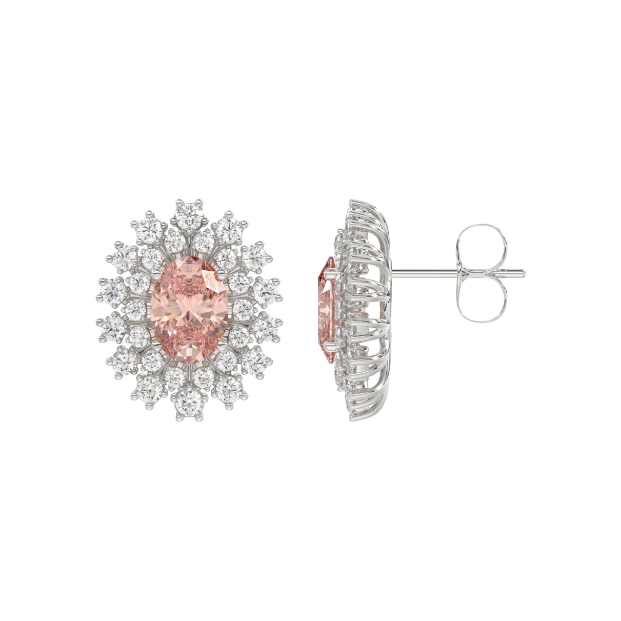 14K WHITE GOLD CRAFTED WITH 18K YELLOW GOLD BACK PLATE 1 1/2CT ROUND/PINK OVAL  DIAMOND LADIES EARRINGS