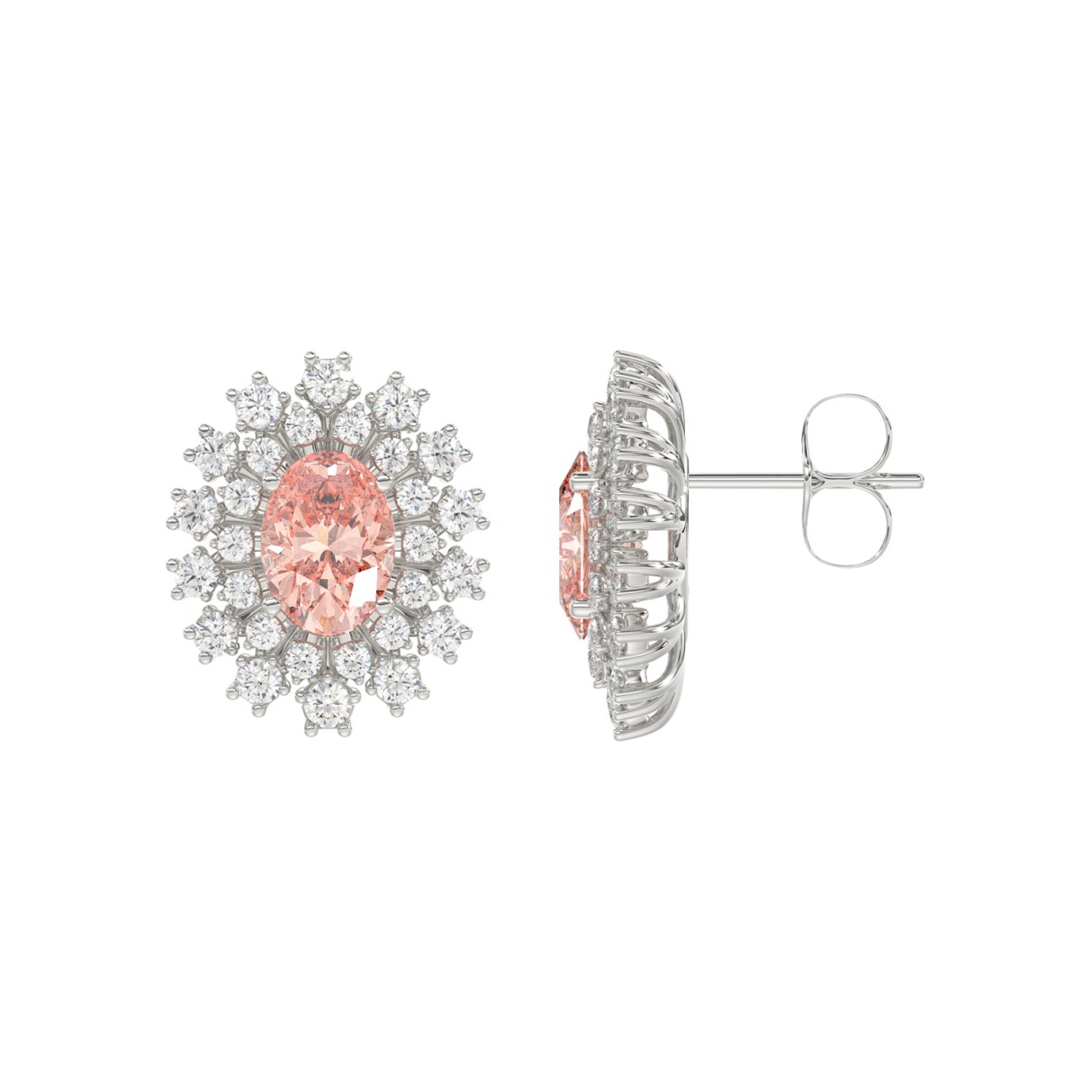 14K WHITE GOLD CRAFTED WITH 18K YELLOW GOLD BACK PLATE 1 1/2CT ROUND/PINK OVAL  DIAMOND LADIES EARRINGS