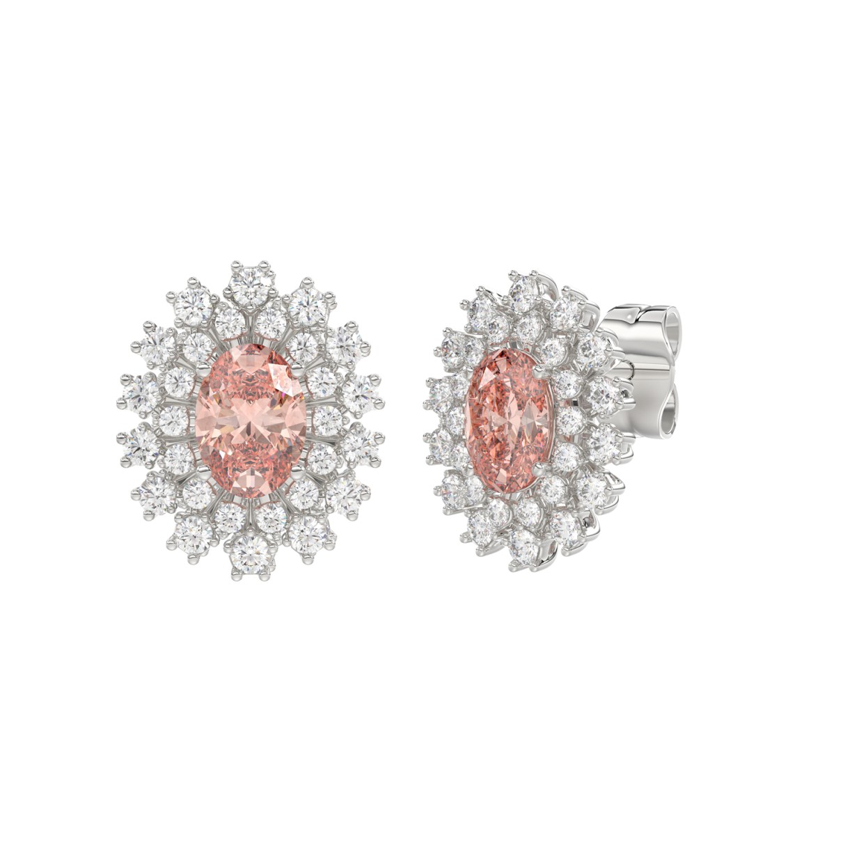 14K WHITE GOLD CRAFTED WITH 18K YELLOW GOLD BACK PLATE 1 1/2CT ROUND/PINK OVAL  DIAMOND LADIES EARRINGS