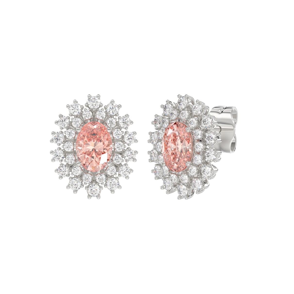 14K WHITE GOLD CRAFTED WITH 18K YELLOW GOLD BACK PLATE 1 1/2CT ROUND/PINK OVAL  DIAMOND LADIES EARRINGS