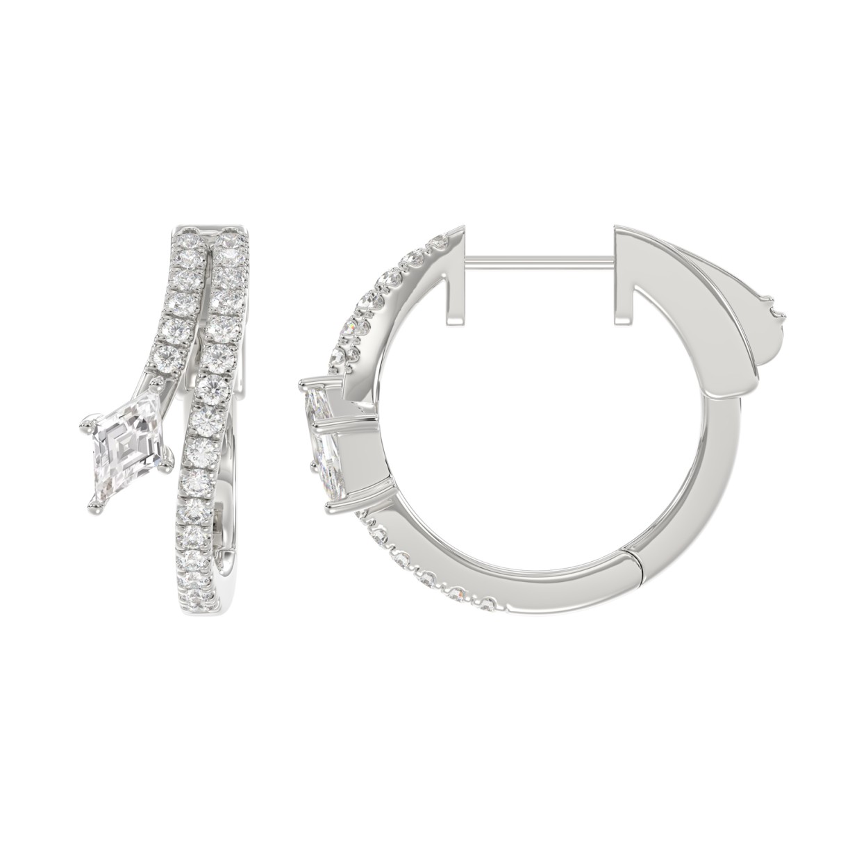 14K WHITE GOLD 3/4CT ROUND/LOZENGE DIAMOND LADIES HOOP EARRINGS