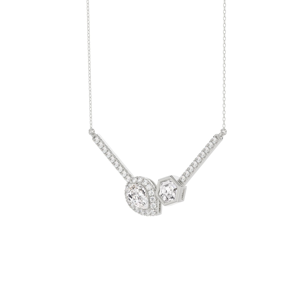 14K WHITE GOLD 1 1/4CT ROUND/PEAR/HEXAGON DIAMOND LADIES NECKLACE