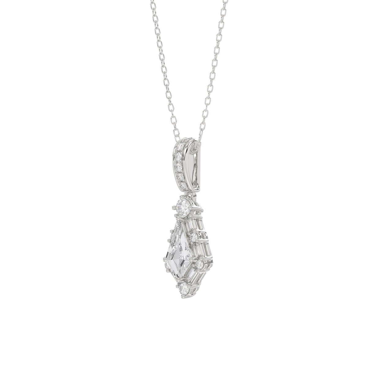 14K WHITE GOLD 1.00CT ROUND/BAGUETTE/KITE DIAMOND LADIES PENDANT WITH CHAIN