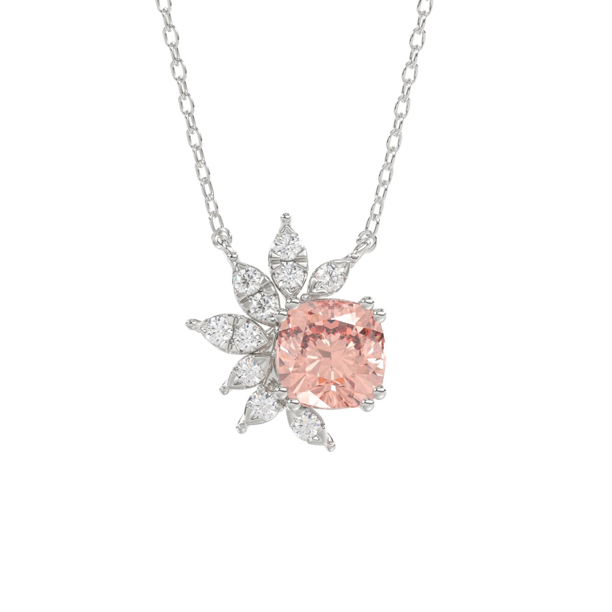 14K WHITE GOLD CRAFTED WITH 18K YELLOW GOLD BACK PLATE 1/10CT ROUND/PINK CUSHION DIAMOND LADIES NECKLACE WITH CHAIN