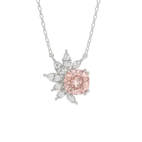 14K WHITE GOLD CRAFTED WITH 18K YELLOW GOLD BACK PLATE 1/10CT ROUND/PINK CUSHION DIAMOND LADIES NECKLACE WITH CHAIN