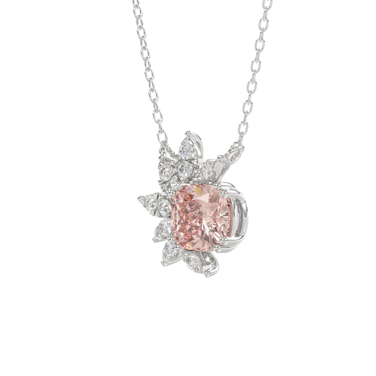 14K WHITE GOLD CRAFTED WITH 18K YELLOW GOLD BACK PLATE 1/10CT ROUND/PINK CUSHION DIAMOND LADIES NECKLACE WITH CHAIN