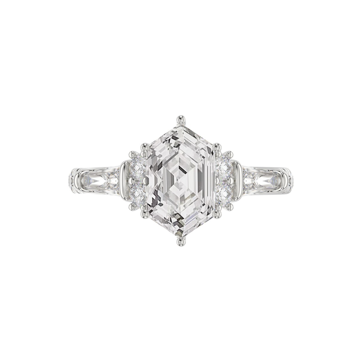 14K WHITE GOLD 3.00CT ROUND/BAGUETTE/HEXAGON DIAMOND LADIES RING