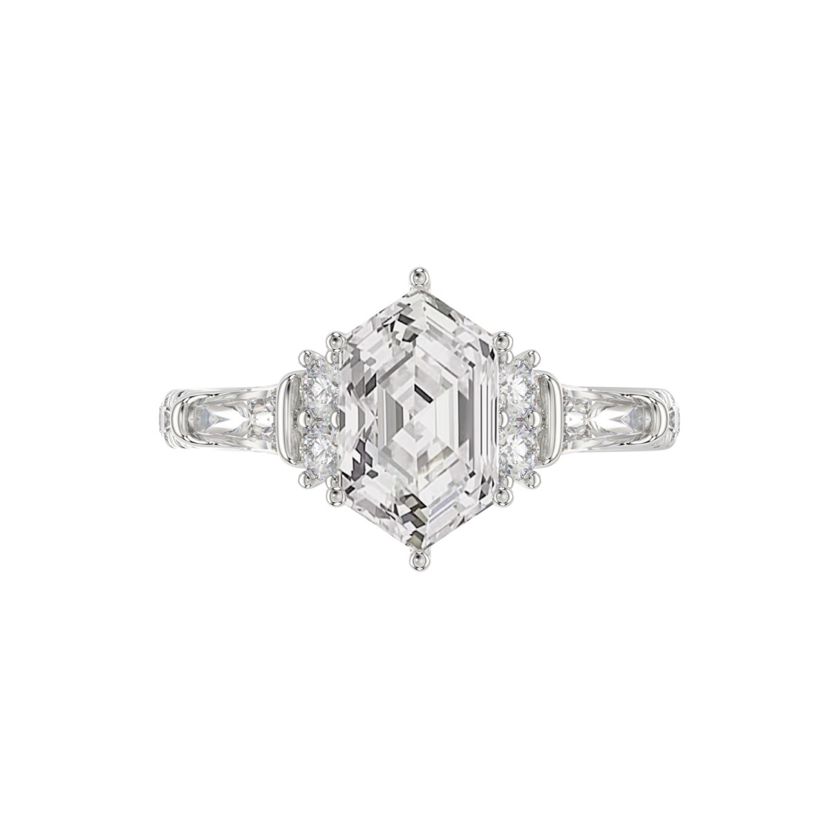 14K WHITE GOLD 3.00CT ROUND/BAGUETTE/HEXAGON DIAMOND LADIES RING