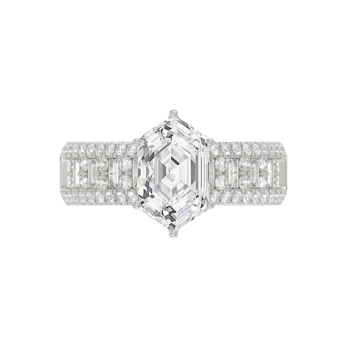 14K WHITE GOLD 3 1/2CT ROUND/BAGUETTE/HEXAGON DIAMOND LADIES RING