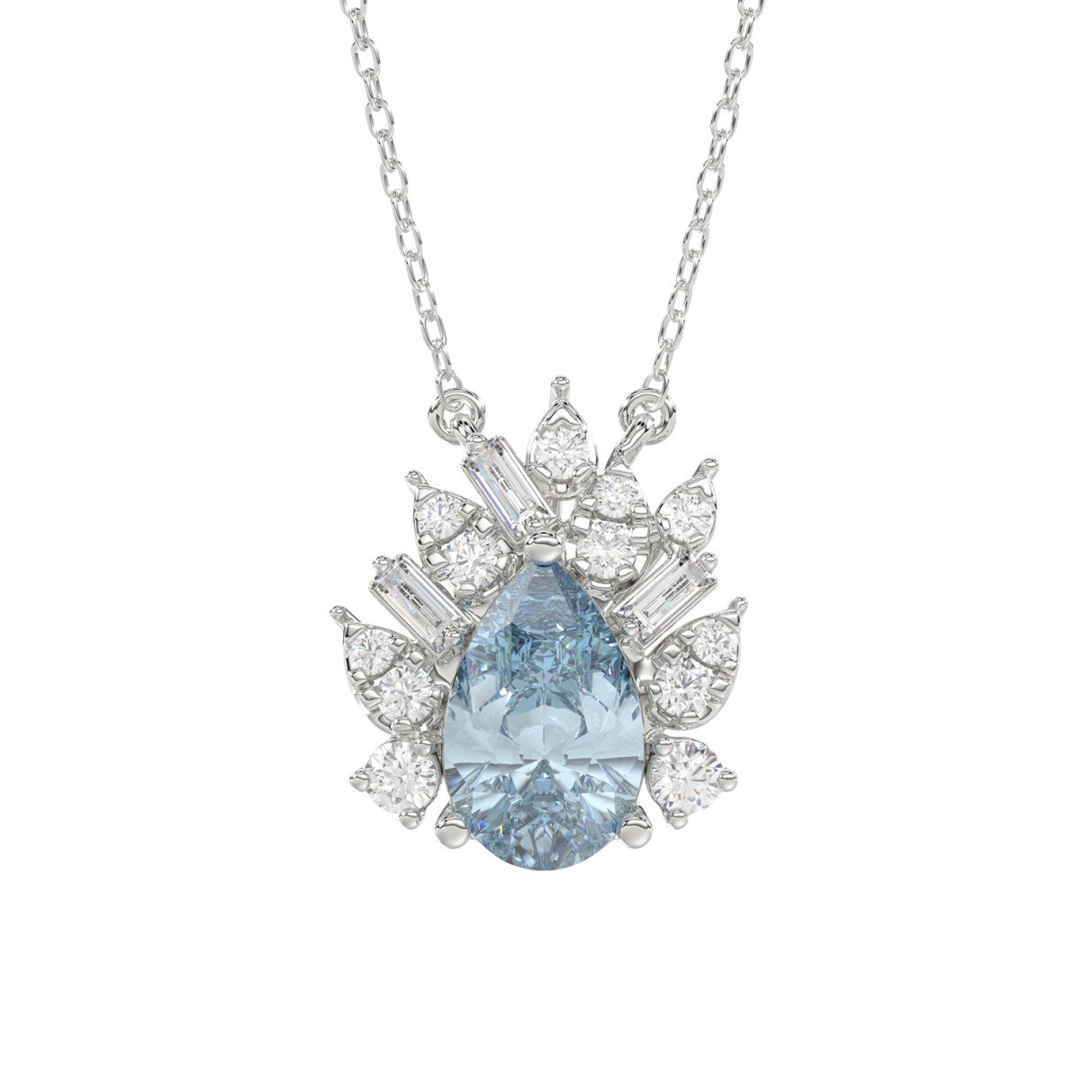 14K WHITE GOLD CRAFTED WITH 18K YELLOW GOLD BACK PLATE 1 1/4CT ROUND/BLUE PEAR/BAGUETTE DIAMOND LADIES NECKLACE WITH CHAIN