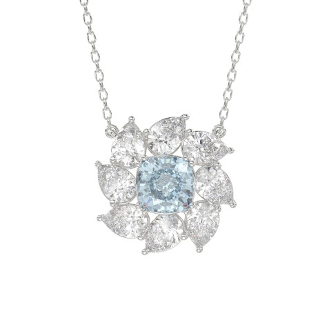 14K WHITE GOLD CRAFTED WITH 18K YELLOW GOLD BACK PLATE 2CT PEAR/BLUE CUSHION DIAMOND LADIES NECKLACE WITH CHAIN