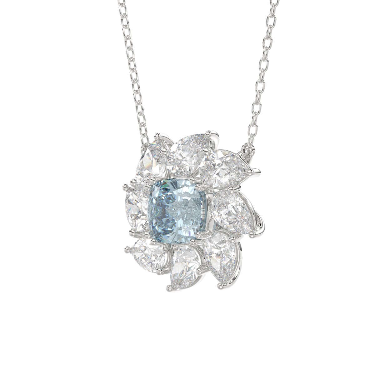 14K WHITE GOLD CRAFTED WITH 18K YELLOW GOLD BACK PLATE 2CT PEAR/BLUE CUSHION DIAMOND LADIES NECKLACE WITH CHAIN