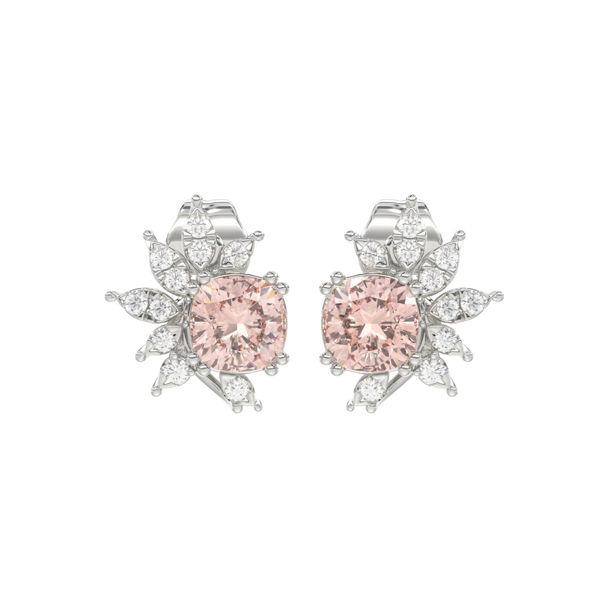 14K WHITE GOLD CRAFTED WITH 18K YELLOW GOLD BACK PLATE 1/10CT ROUND/PINK CUSHION DIAMOND LADIES EARRINGS