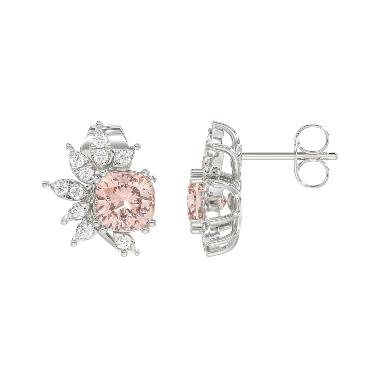 14K WHITE GOLD CRAFTED WITH 18K YELLOW GOLD BACK PLATE 1/10CT ROUND/PINK CUSHION DIAMOND LADIES EARRINGS