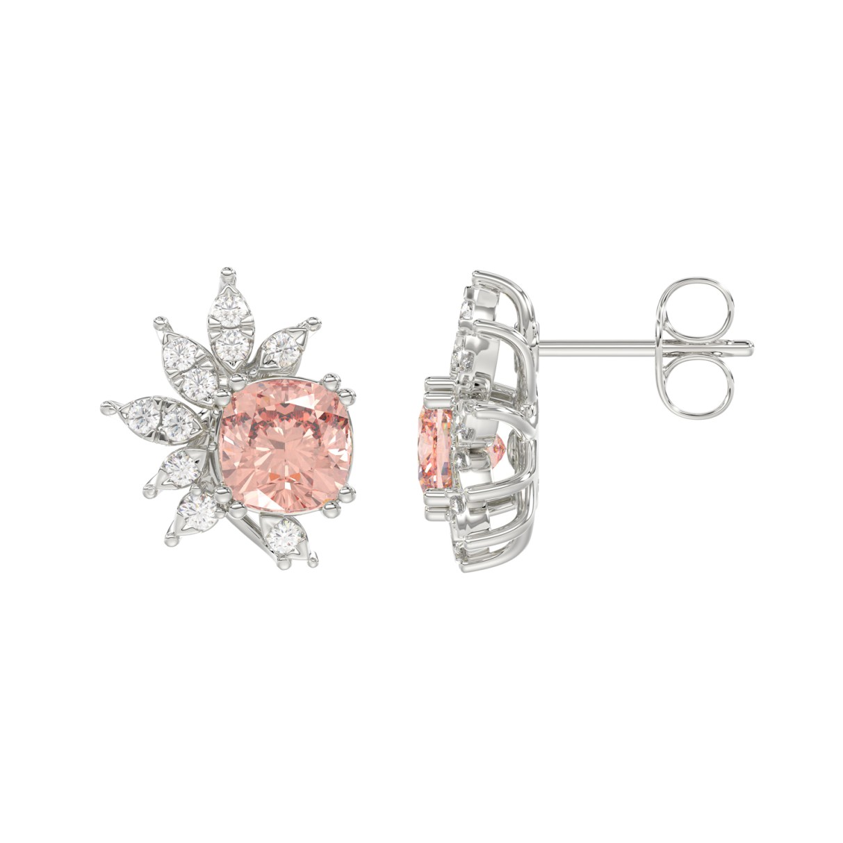 14K WHITE GOLD CRAFTED WITH 18K YELLOW GOLD BACK PLATE 1/10CT ROUND/PINK CUSHION DIAMOND LADIES EARRINGS