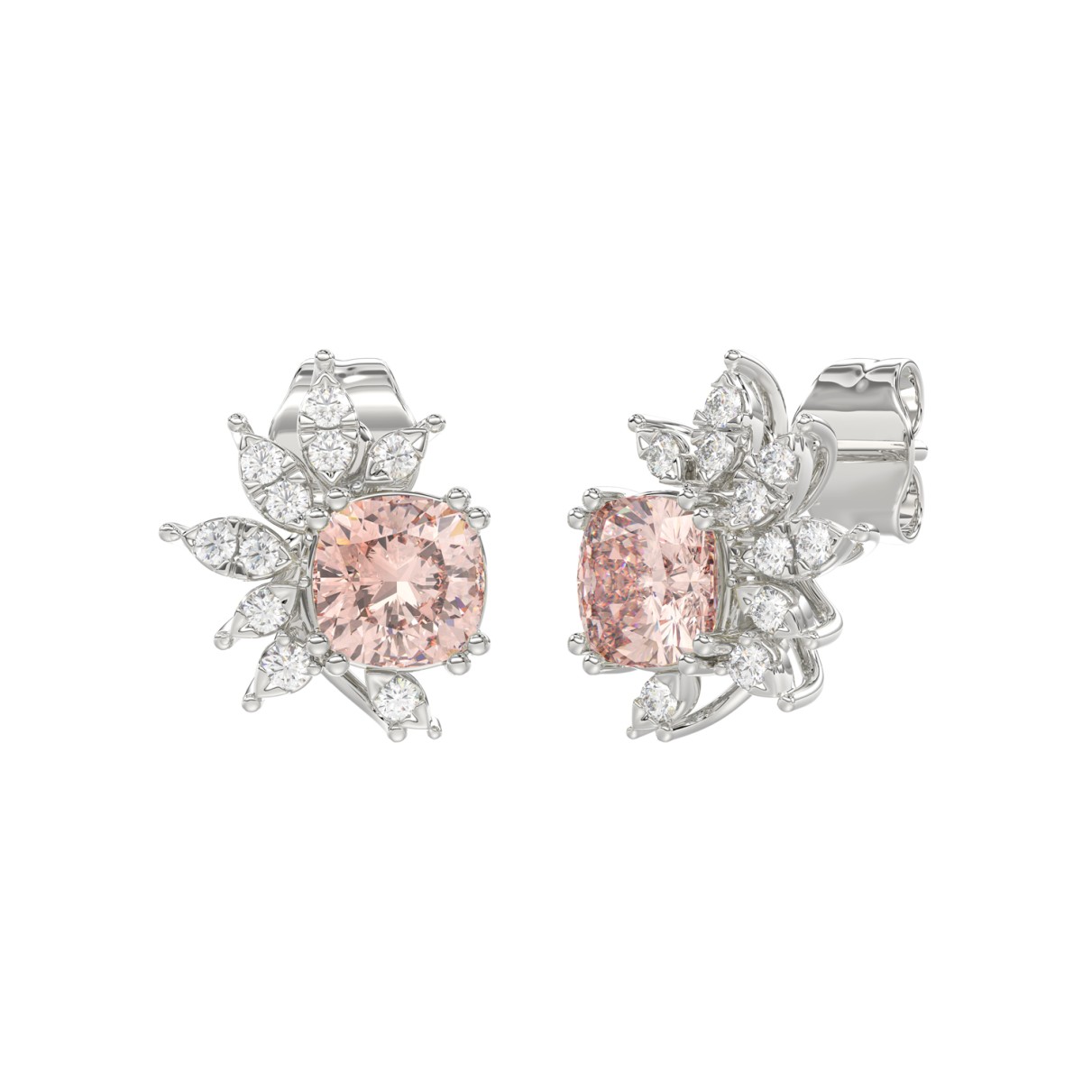 14K WHITE GOLD CRAFTED WITH 18K YELLOW GOLD BACK PLATE 1/10CT ROUND/PINK CUSHION DIAMOND LADIES EARRINGS