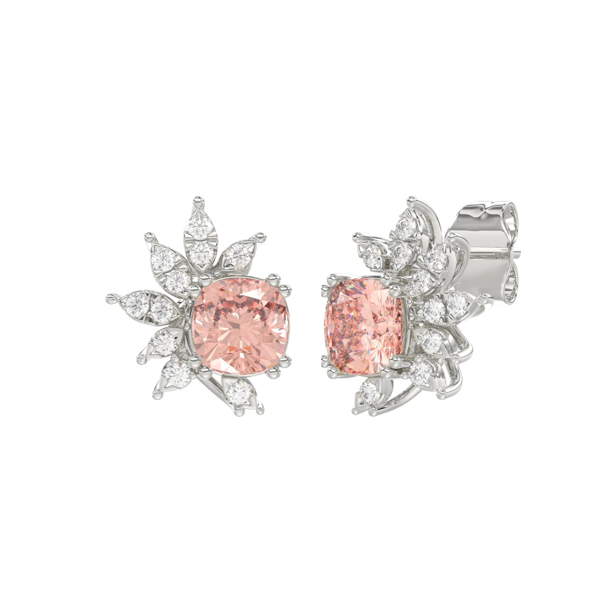 14K WHITE GOLD CRAFTED WITH 18K YELLOW GOLD BACK PLATE 1/10CT ROUND/PINK CUSHION DIAMOND LADIES EARRINGS