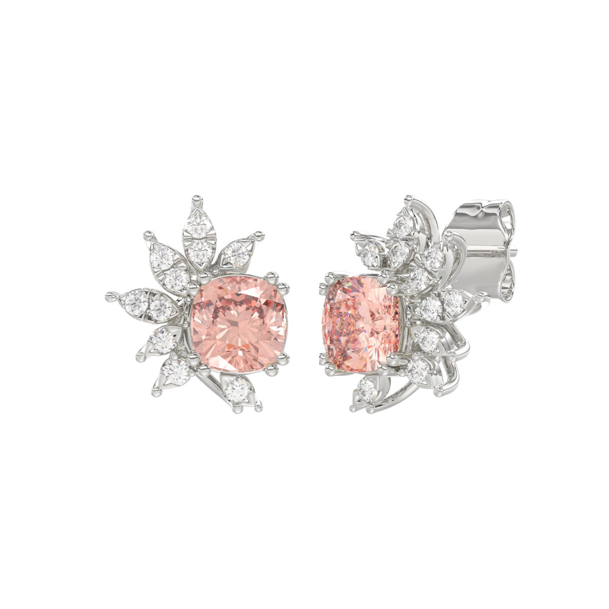 14K WHITE GOLD CRAFTED WITH 18K YELLOW GOLD BACK PLATE 1/10CT ROUND/PINK CUSHION DIAMOND LADIES EARRINGS