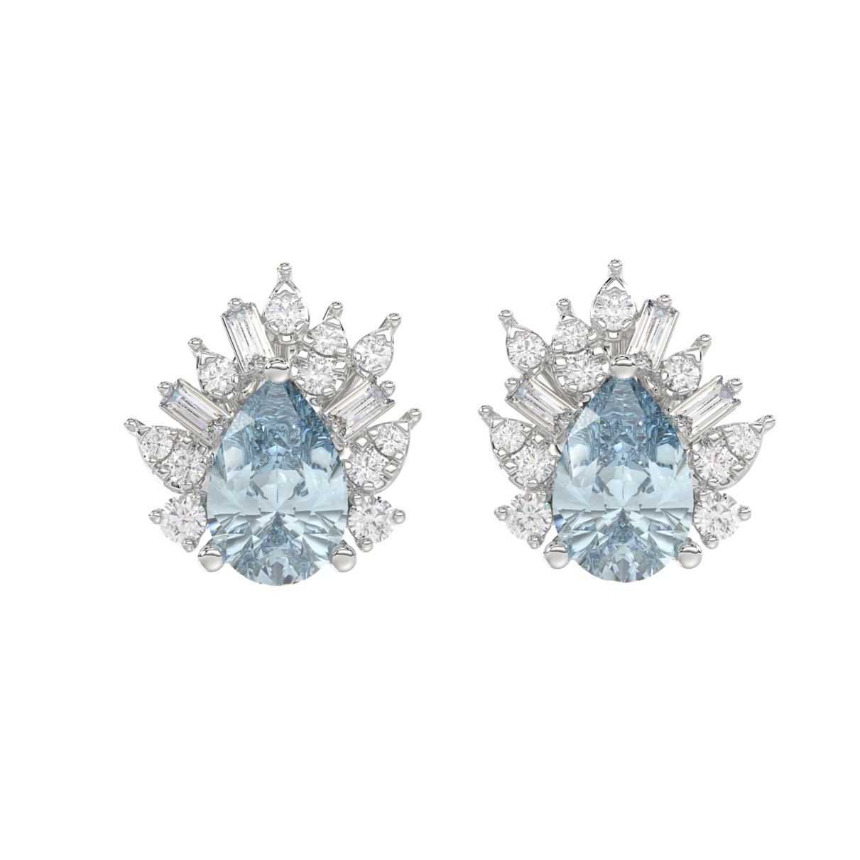 14K WHITE GOLD CRAFTED WITH 18K YELLOW GOLD BACK PLATE 1 1/4CT ROUND/BLUE PEAR/BAGUETTE DIAMOND LADIES EARRINGS