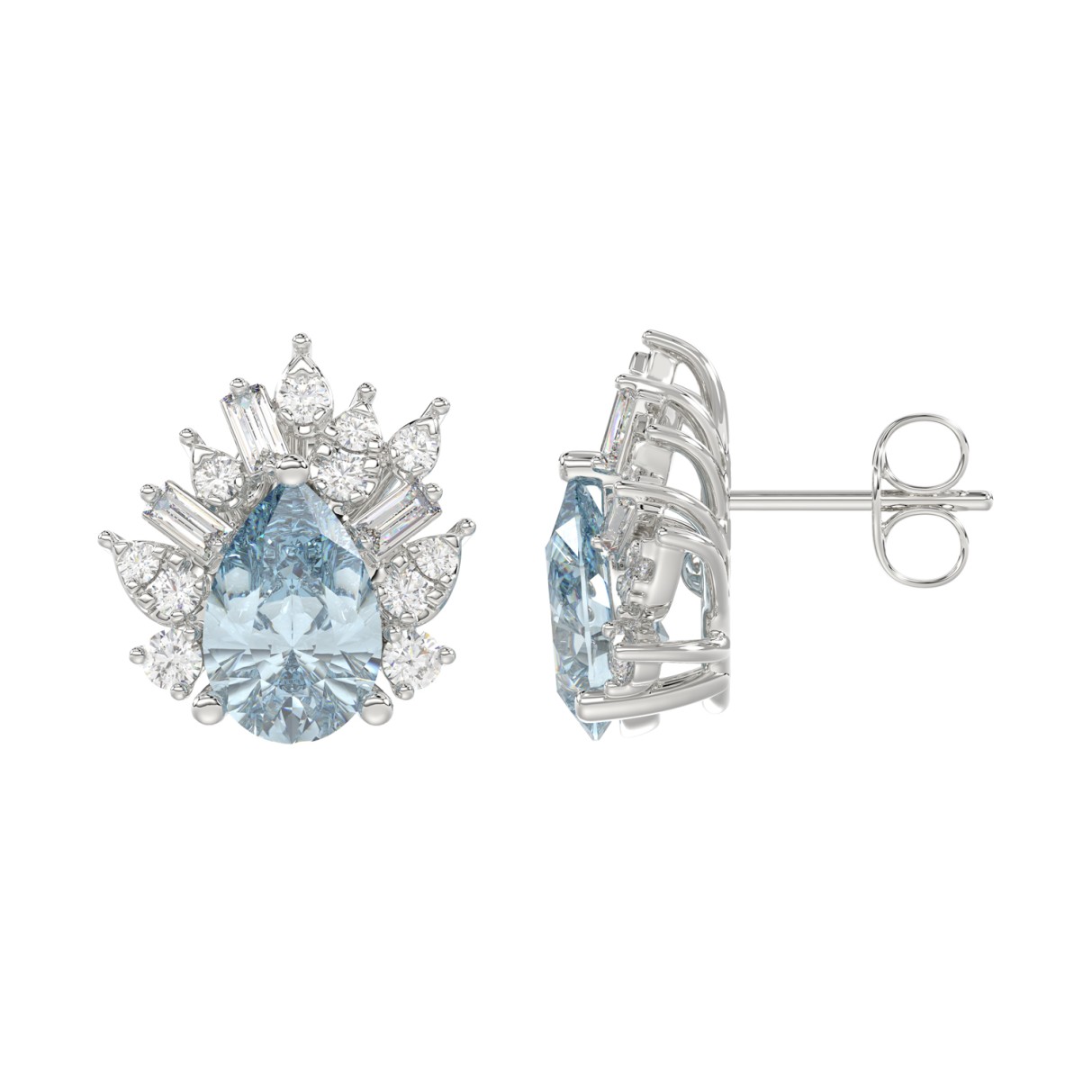 14K WHITE GOLD CRAFTED WITH 18K YELLOW GOLD BACK PLATE 1 1/4CT ROUND/BLUE PEAR/BAGUETTE DIAMOND LADIES EARRINGS