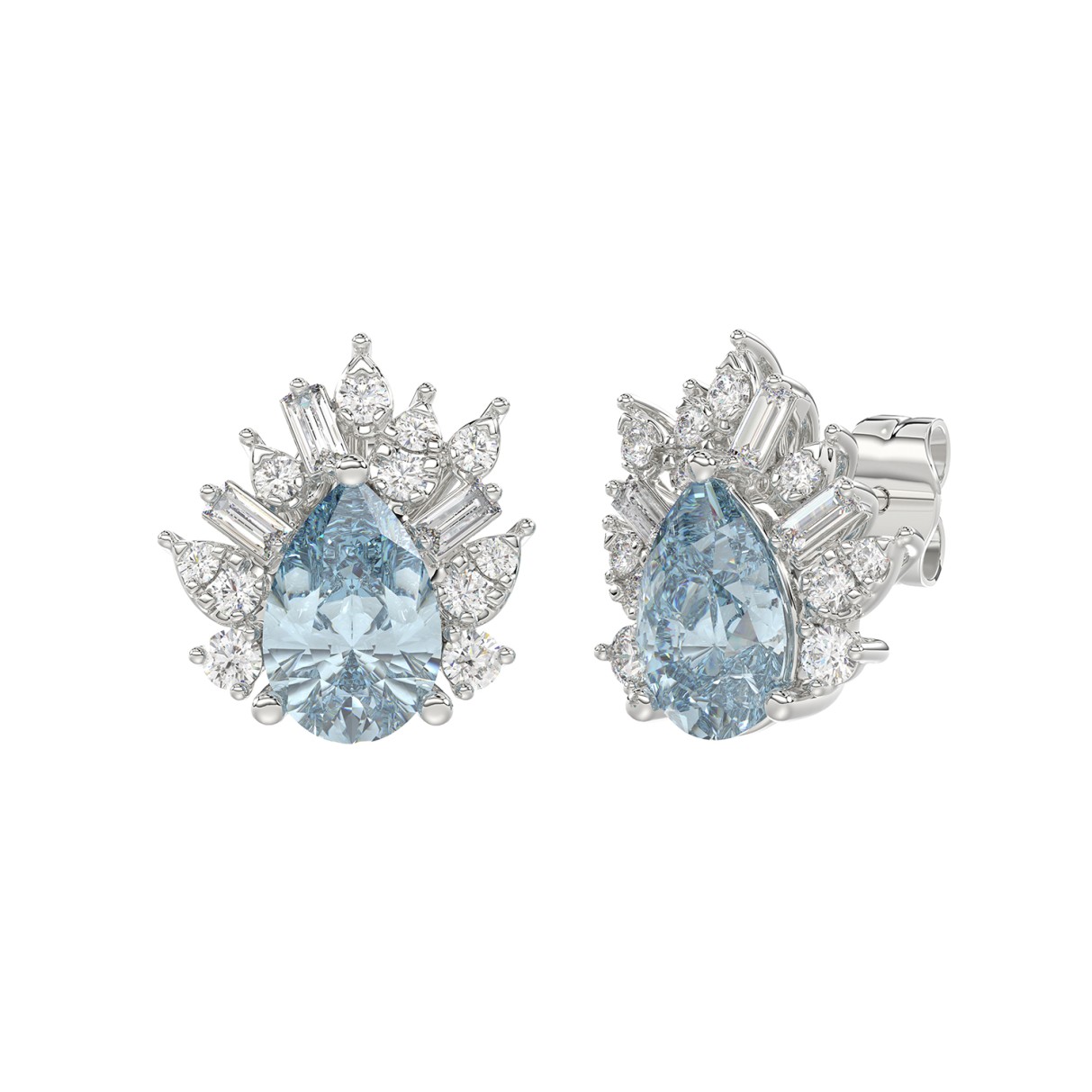 14K WHITE GOLD CRAFTED WITH 18K YELLOW GOLD BACK PLATE 1 1/4CT ROUND/BLUE PEAR/BAGUETTE DIAMOND LADIES EARRINGS