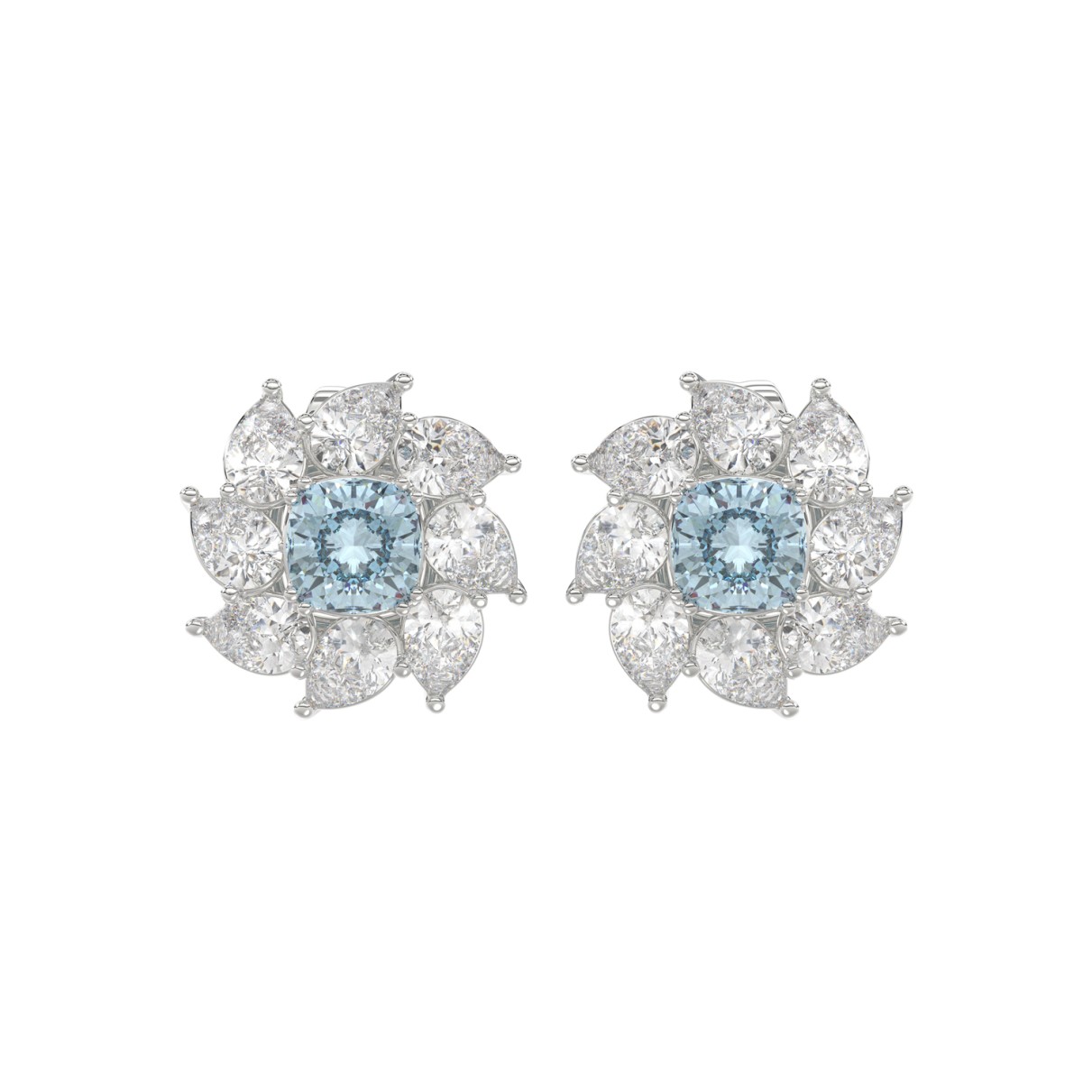 14K WHITE GOLD CRAFTED WITH 18K YELLOW GOLD BACK PLATE 2 5/8CT PEAR/BLUE CUSHION DIAMOND LADIES EARRINGS