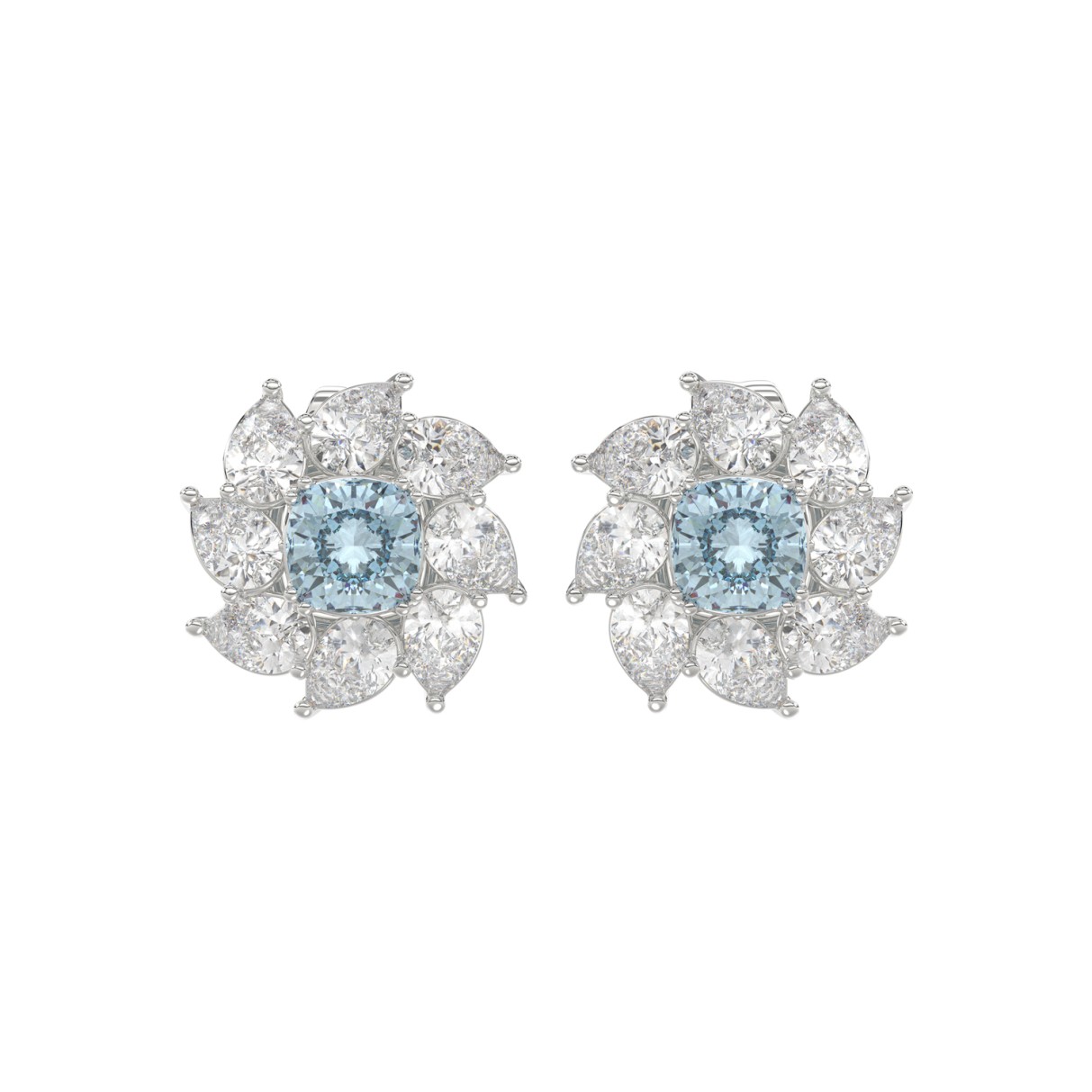 14K WHITE GOLD CRAFTED WITH 18K YELLOW GOLD BACK PLATE 2 5/8CT PEAR/BLUE CUSHION DIAMOND LADIES EARRINGS