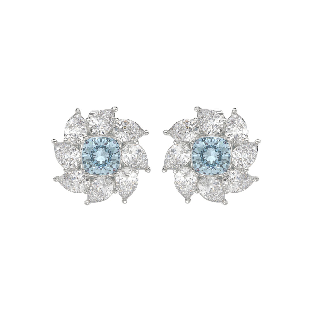 14K WHITE GOLD CRAFTED WITH 18K YELLOW GOLD BACK PLATE 2 5/8CT PEAR/BLUE CUSHION DIAMOND LADIES EARRINGS