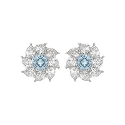 14K WHITE GOLD CRAFTED WITH 18K YELLOW GOLD BACK PLATE 2 5/8CT PEAR/BLUE CUSHION DIAMOND LADIES EARRINGS