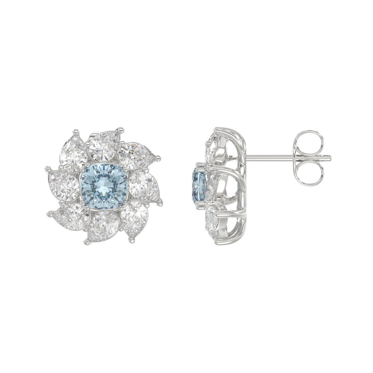 14K WHITE GOLD CRAFTED WITH 18K YELLOW GOLD BACK PLATE 2 5/8CT PEAR/BLUE CUSHION DIAMOND LADIES EARRINGS