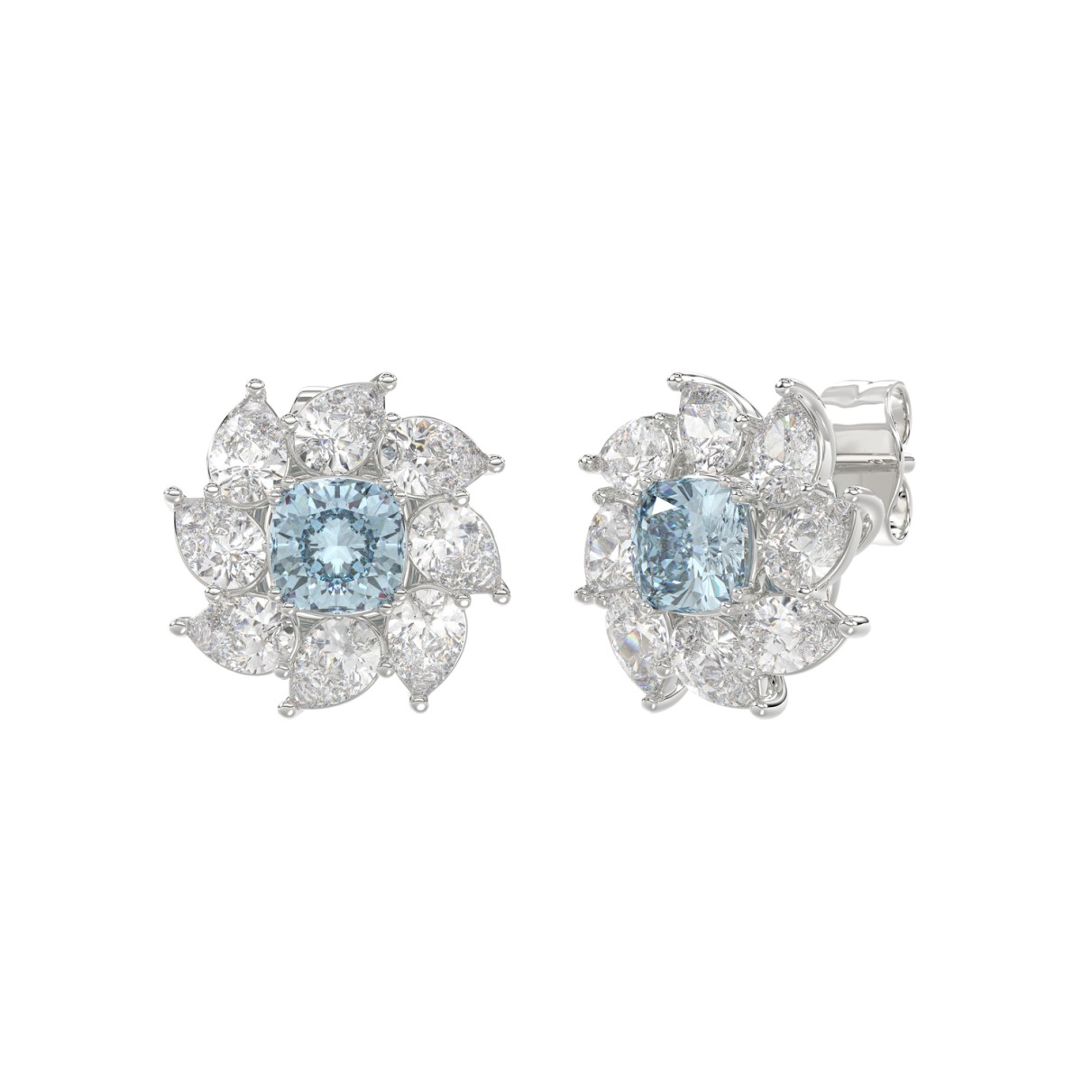 14K WHITE GOLD CRAFTED WITH 18K YELLOW GOLD BACK PLATE 2 5/8CT PEAR/BLUE CUSHION DIAMOND LADIES EARRINGS