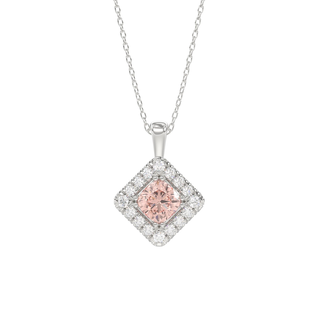 14K WHITE GOLD CRAFTED WITH 18K YELLOW GOLD BACK PLATE 1 1/4CT ROUND/PINK CUSHION DIAMOND LADIES PENDANT WITH CHAIN