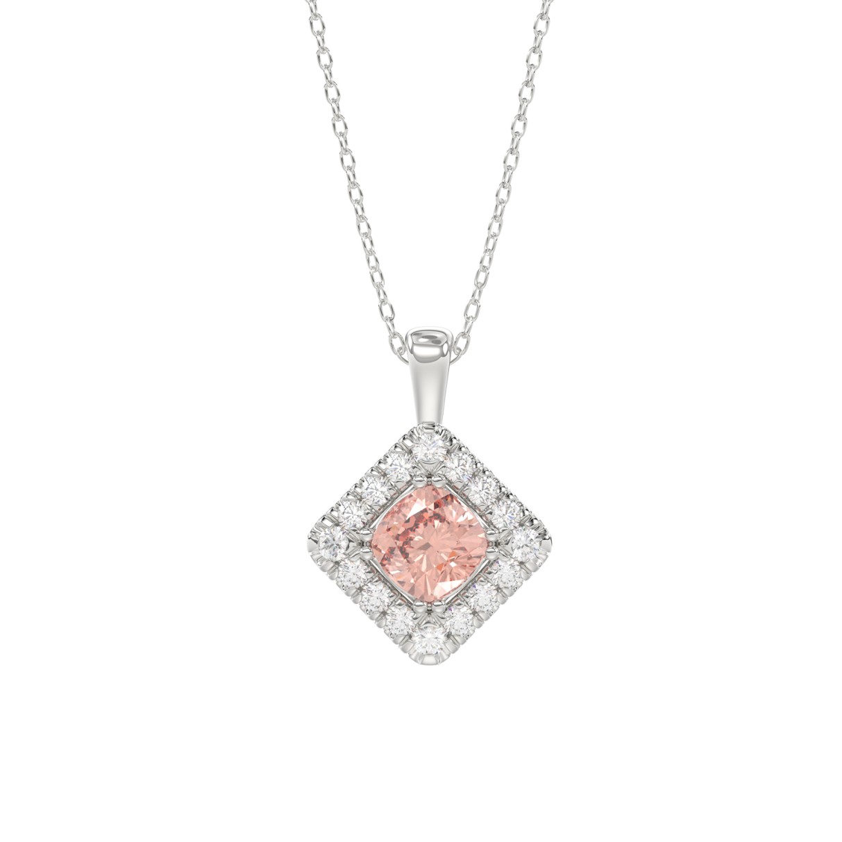 14K WHITE GOLD CRAFTED WITH 18K YELLOW GOLD BACK PLATE 1 1/4CT ROUND/PINK CUSHION DIAMOND LADIES PENDANT WITH CHAIN