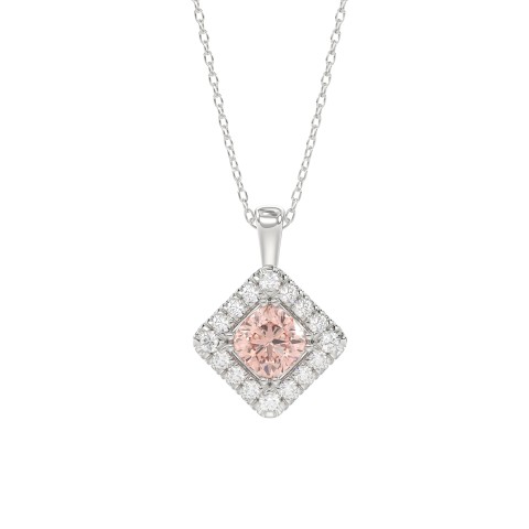 14K WHITE GOLD CRAFTED WITH 18K YELLOW GOLD BACK PLATE 1 1/4CT ROUND/PINK CUSHION DIAMOND LADIES PENDANT WITH CHAIN