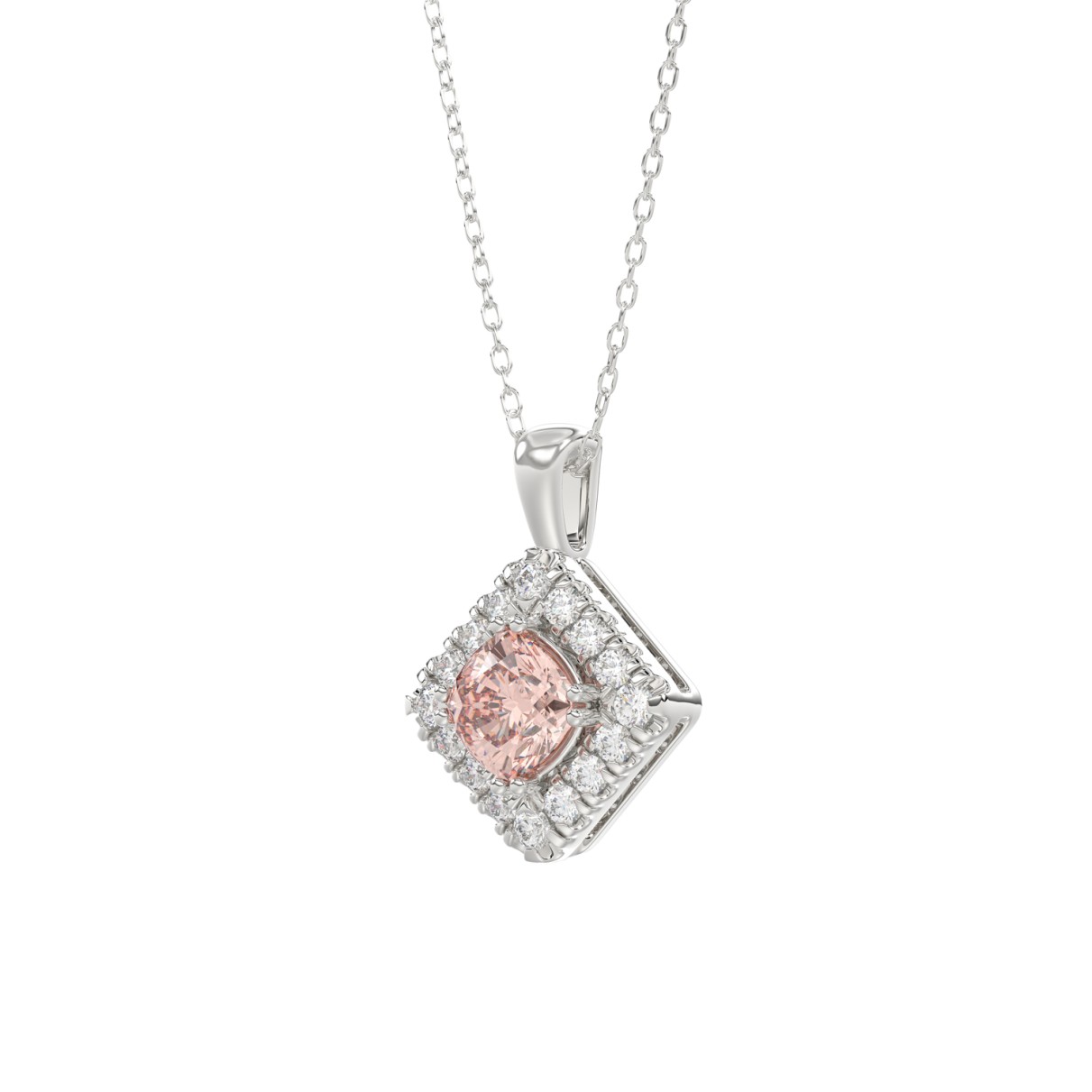 14K WHITE GOLD CRAFTED WITH 18K YELLOW GOLD BACK PLATE 1 1/4CT ROUND/PINK CUSHION DIAMOND LADIES PENDANT WITH CHAIN