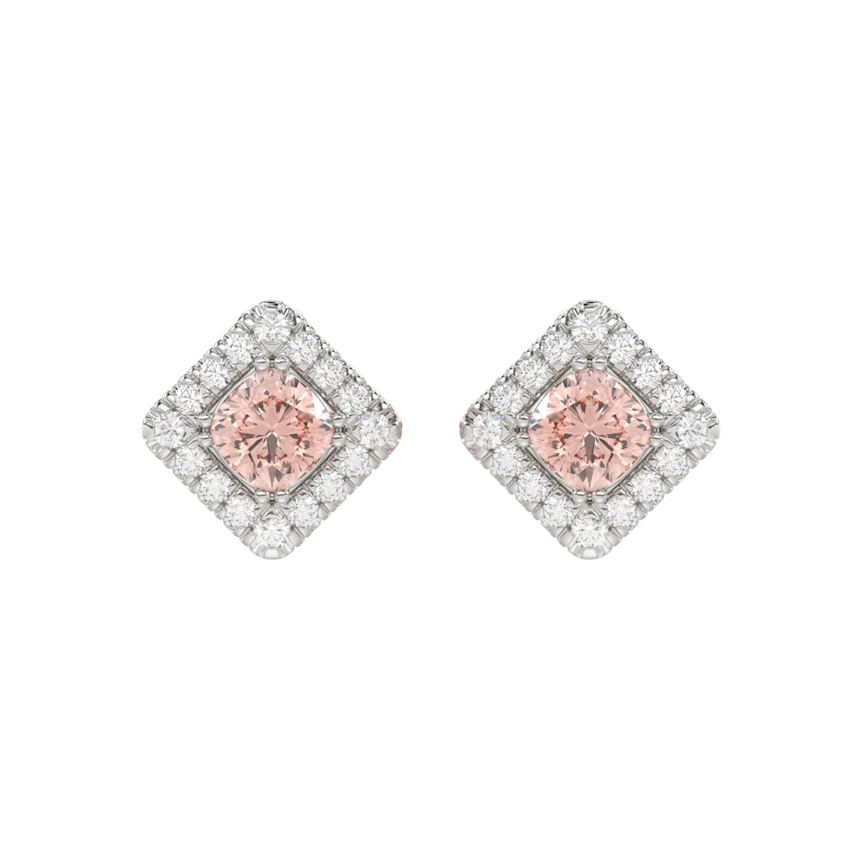 14K WHITE GOLD CRAFTED WITH 18K YELLOW GOLD BACK PLATE 1 1/4CT ROUND/PINK CUSHION DIAMOND LADIES EARRINGS