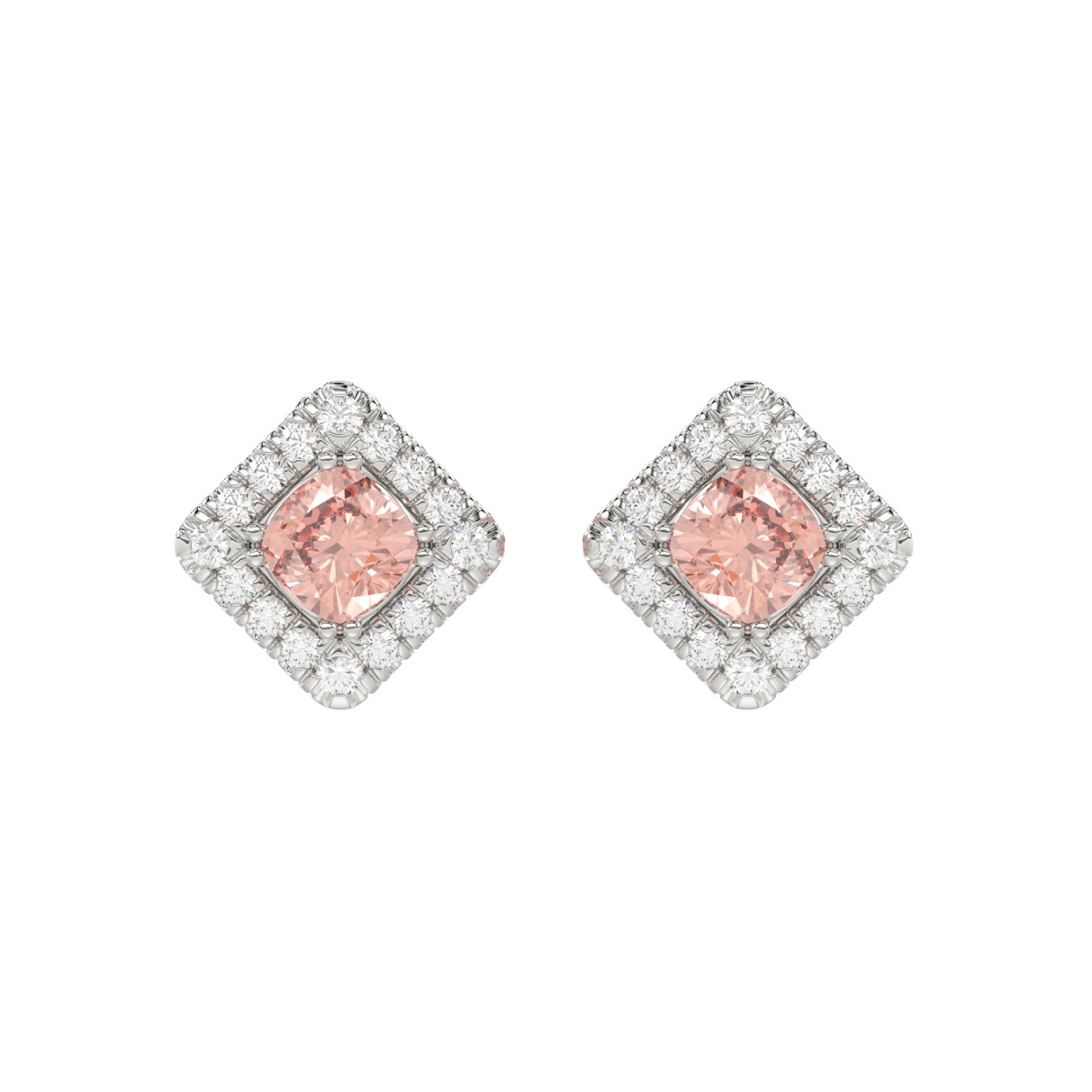 14K WHITE GOLD CRAFTED WITH 18K YELLOW GOLD BACK PLATE 1 1/4CT ROUND/PINK CUSHION DIAMOND LADIES EARRINGS