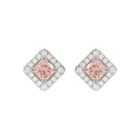 14K WHITE GOLD CRAFTED WITH 18K YELLOW GOLD BACK PLATE 1 1/4CT ROUND/PINK CUSHION DIAMOND LADIES EARRINGS