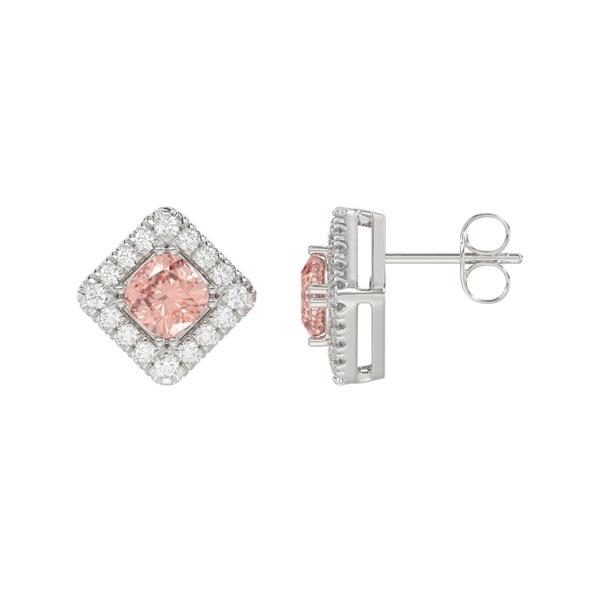 14K WHITE GOLD CRAFTED WITH 18K YELLOW GOLD BACK PLATE 1 1/4CT ROUND/PINK CUSHION DIAMOND LADIES EARRINGS