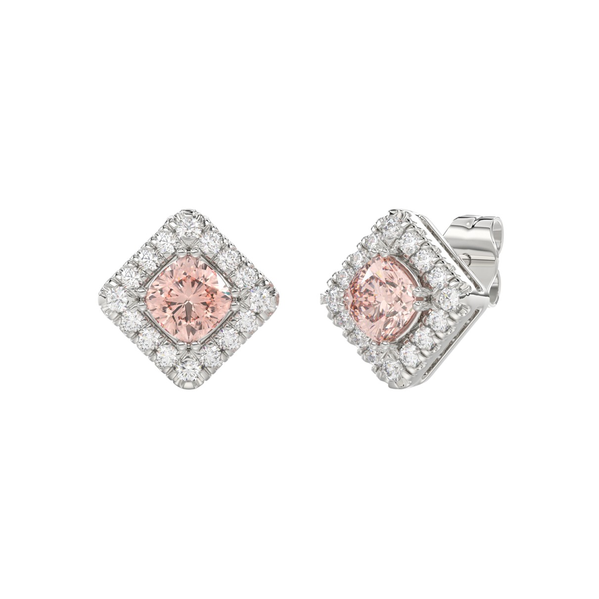 14K WHITE GOLD CRAFTED WITH 18K YELLOW GOLD BACK PLATE 1 1/4CT ROUND/PINK CUSHION DIAMOND LADIES EARRINGS