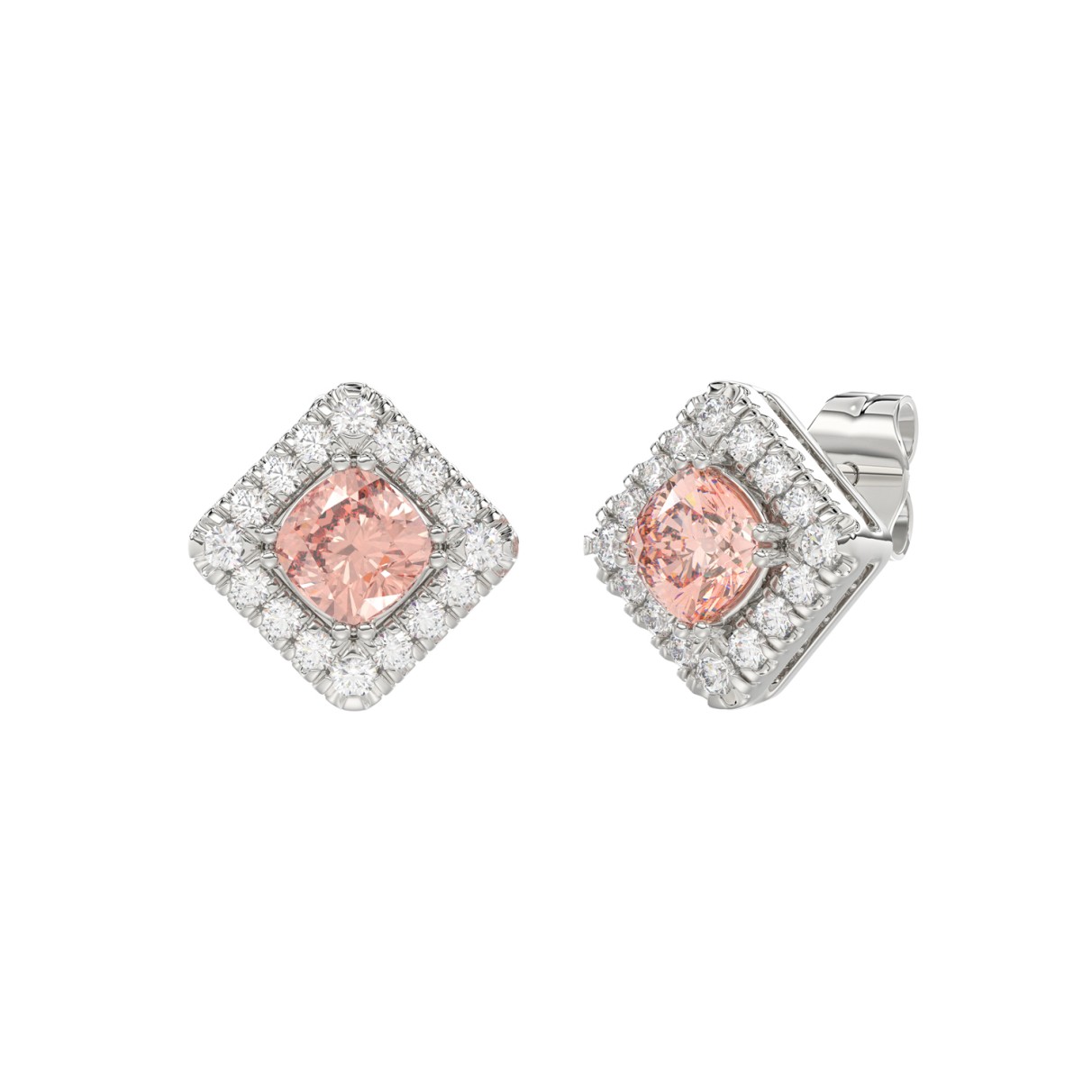 14K WHITE GOLD CRAFTED WITH 18K YELLOW GOLD BACK PLATE 1 1/4CT ROUND/PINK CUSHION DIAMOND LADIES EARRINGS