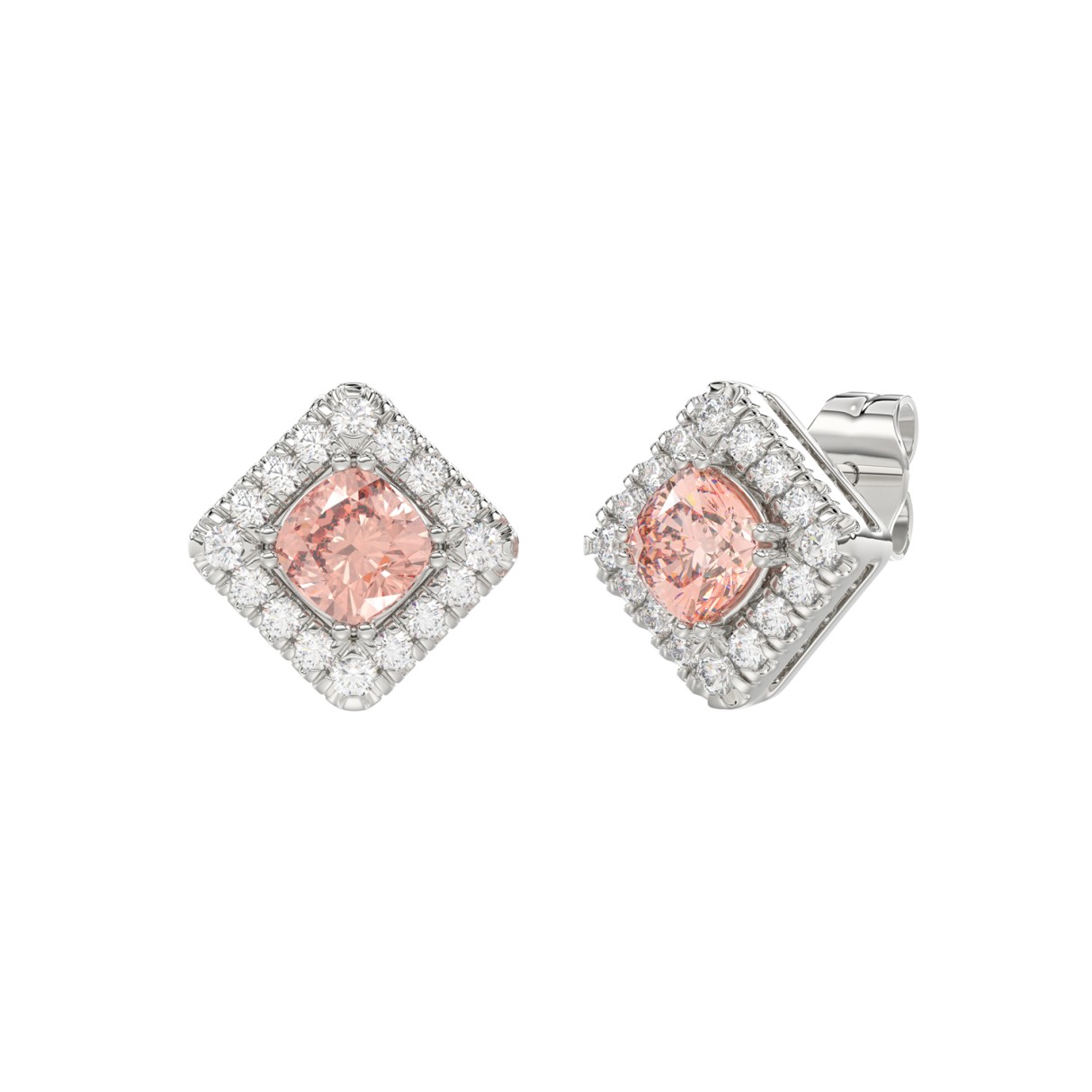 14K WHITE GOLD 1 1/4CT ROUND/CUSHION DIAMOND LADIES EARRING (CENTER STONE PINK CUSHION DIAMOND 1.00CT)