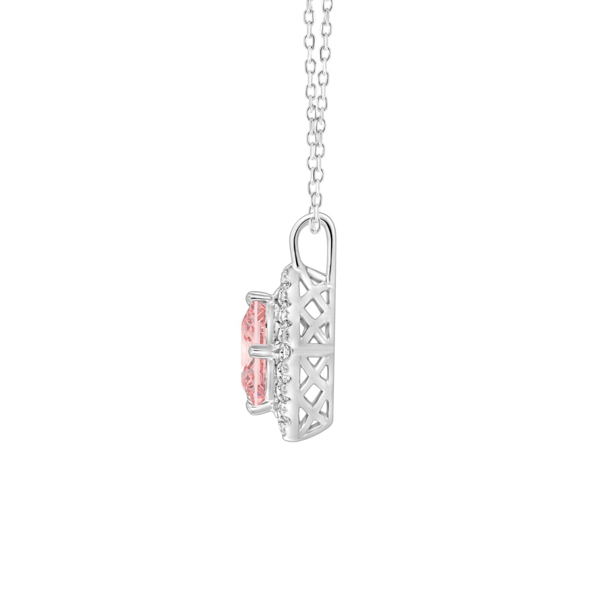14K WHITE GOLD 1 1/4CT ROUND/PRINCESS DIAMOND LADIES PENDANT WITH CHAIN (CENTER STONE PINK PRINCESS DIAMOND 1CT)