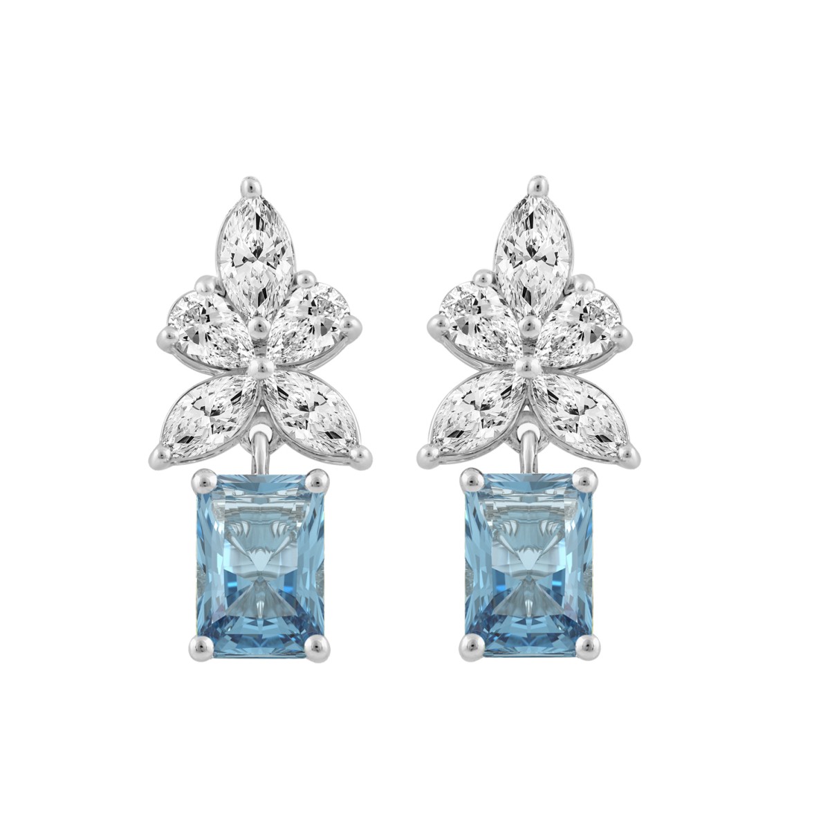 14K WHITE GOLD 3.00CT PEAR/MARQUISE/BLUE RADIANT DIAMOND LADIES EARRINGS