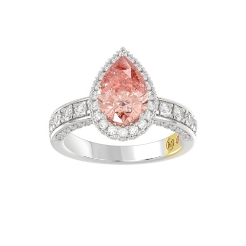 14K WHITE GOLD CRAFTED WITH 18K YELLOW GOLD SHANK 3 1/3CT ROUND/PEAR DIAMOND LADIES RING (CENTER STONE PINK PEAR DIAMOND 2.00CT)