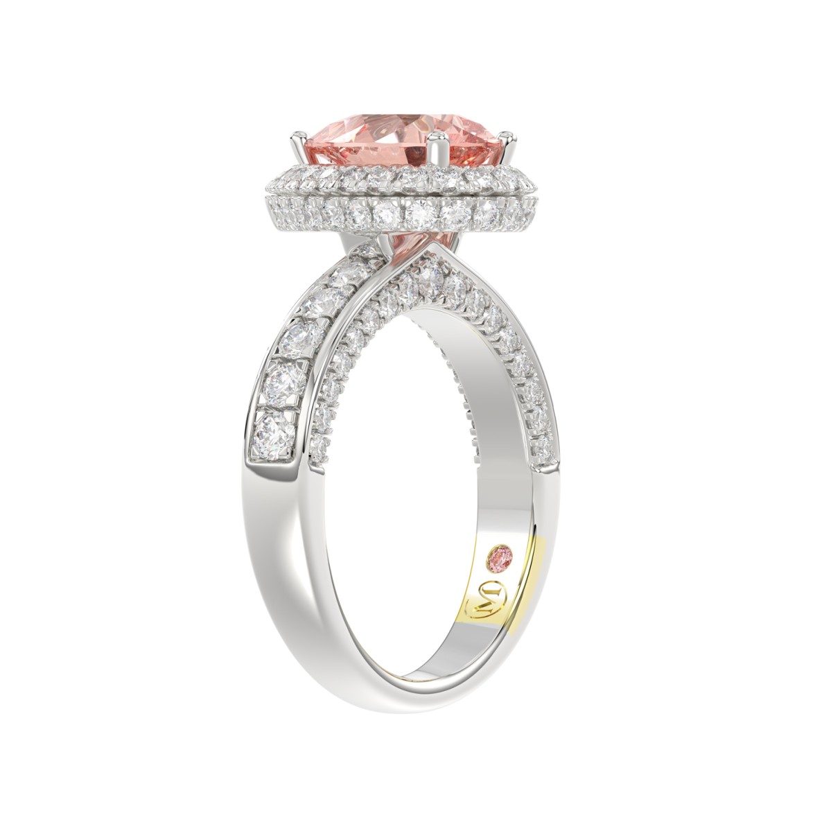 14K WHITE GOLD CRAFTED WITH 18K YELLOW GOLD SHANK 3 1/3CT ROUND/PEAR DIAMOND LADIES RING (CENTER STONE PINK PEAR DIAMOND 2.00CT)