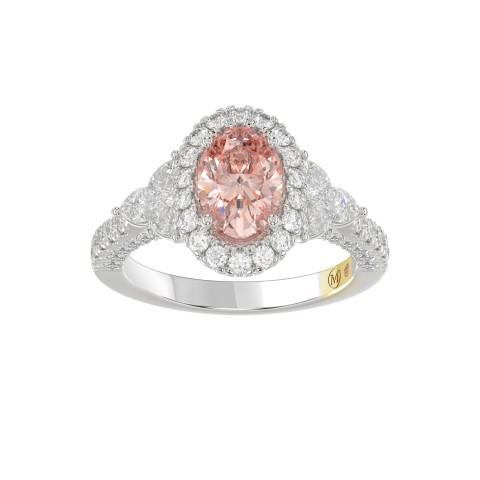 14K WHITE GOLD CRAFTED WITH 18K YELLOW GOLD SHANK  4.00CT ROUND/OVAL/TRIDENT DIAMOND LADIES BRIDAL RING (CENTER STONE OVAL PINK DIAMOND 2.00CT)