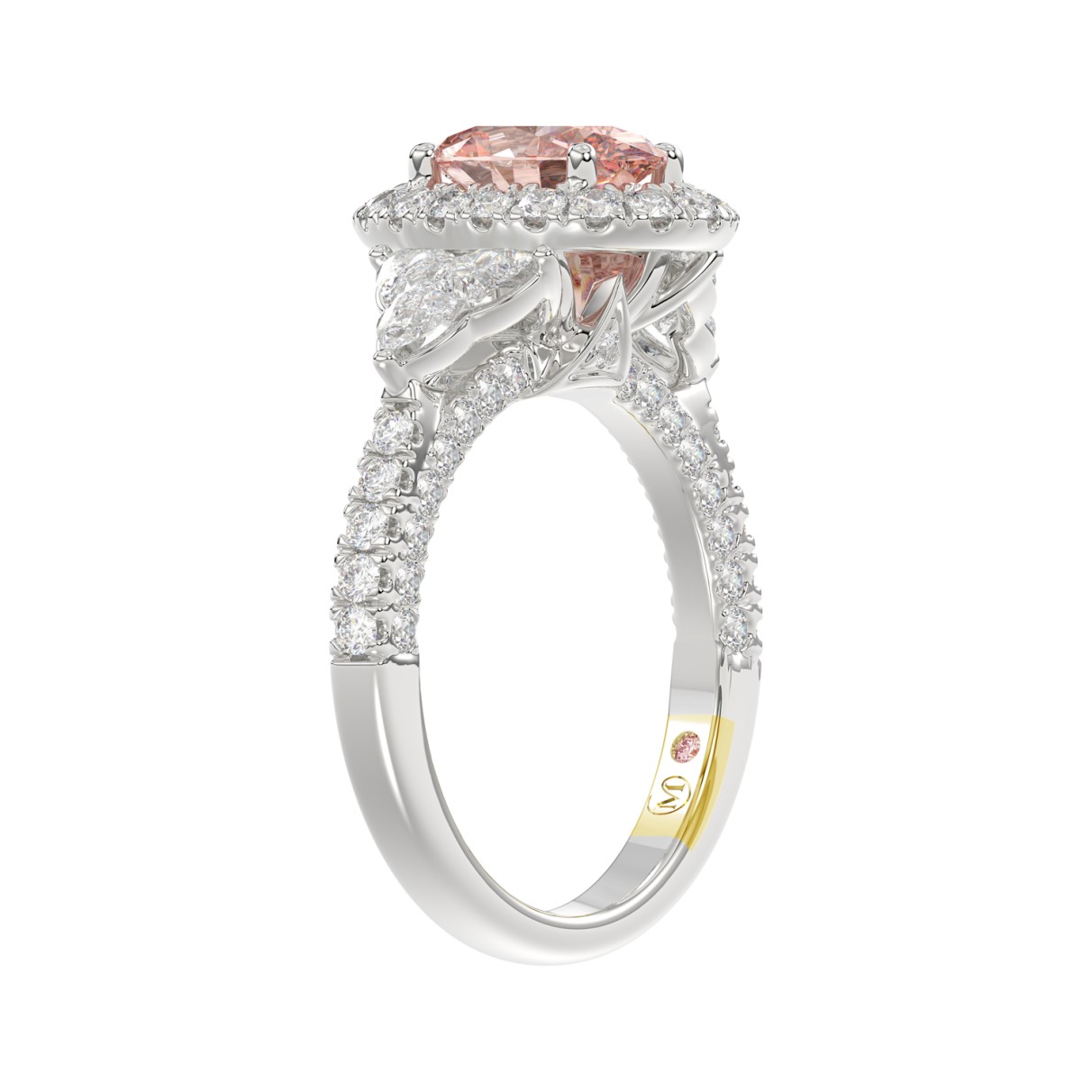 14K WHITE GOLD CRAFTED WITH 18K YELLOW GOLD SHANK  4.00CT ROUND/OVAL/TRIDENT DIAMOND LADIES BRIDAL RING (CENTER STONE OVAL PINK DIAMOND 2.00CT)