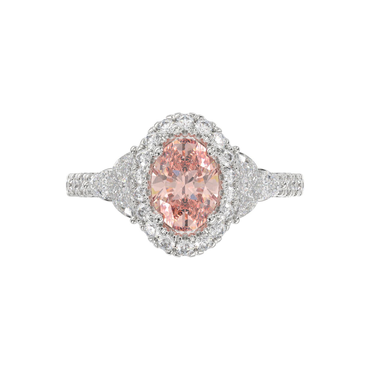 14K WHITE GOLD CRAFTED WITH 18K YELLOW GOLD SHANK  4.00CT ROUND/OVAL/TRIDENT DIAMOND LADIES BRIDAL RING (CENTER STONE OVAL PINK DIAMOND 2.00CT)