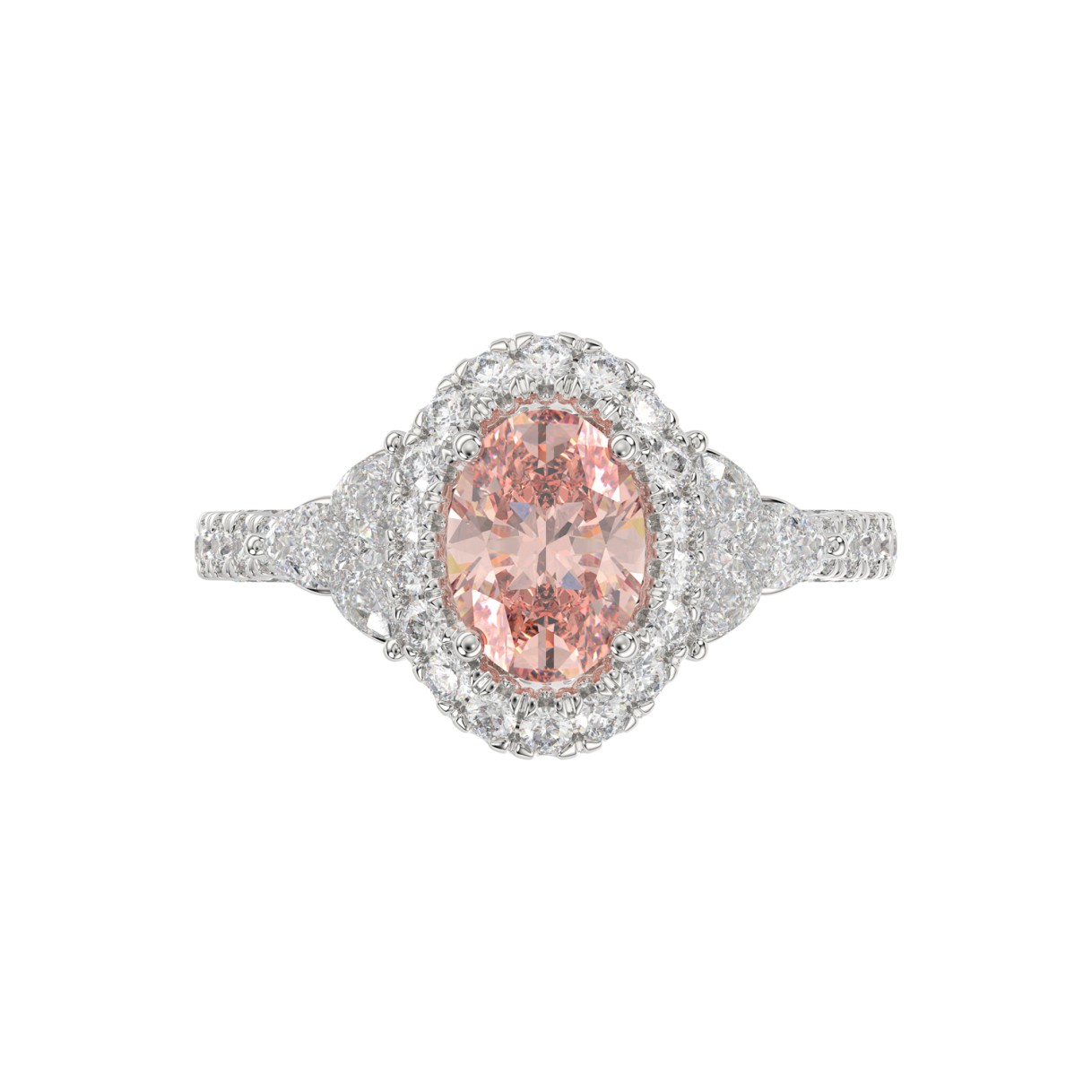 14K WHITE GOLD CRAFTED WITH 18K YELLOW GOLD SHANK  4.00CT ROUND/OVAL/TRIDENT DIAMOND LADIES BRIDAL RING (CENTER STONE OVAL PINK DIAMOND 2.00CT)